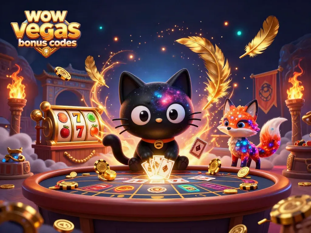 Engage with WOW Vegas bonus codes and win big as golden chips swirl around a cosmic casino scene.