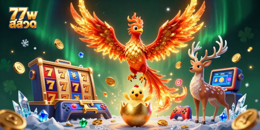 Engage the thrill of 77w สล็อต with golden jackpot reels and vibrant casino-themed phoenix character!