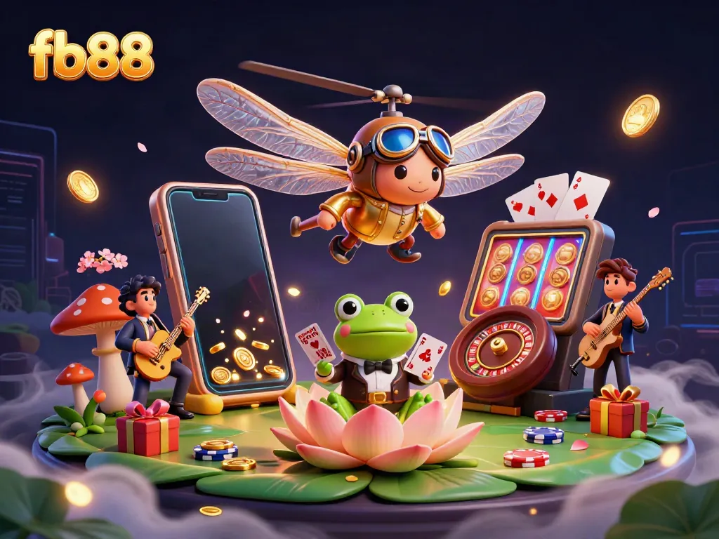Experience the excitement of fb88 at a vibrant lily pad casino with a dragonfly pilot and frog croupier.