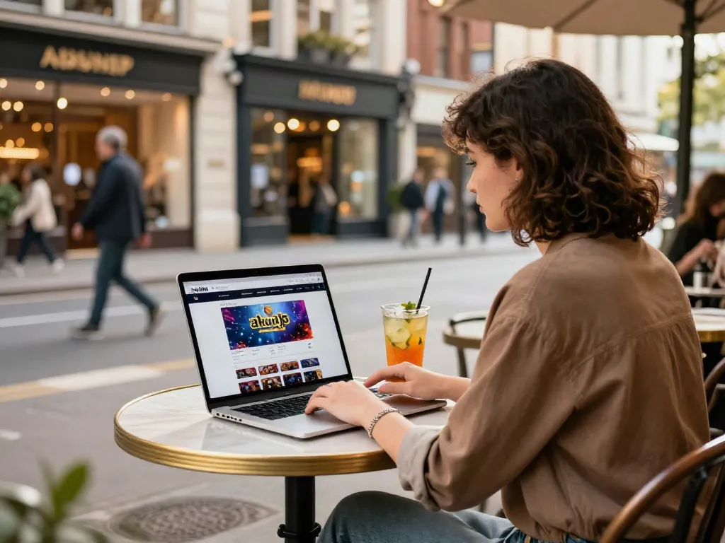 A person interacting with the akunjp online gambling platform at a city café.