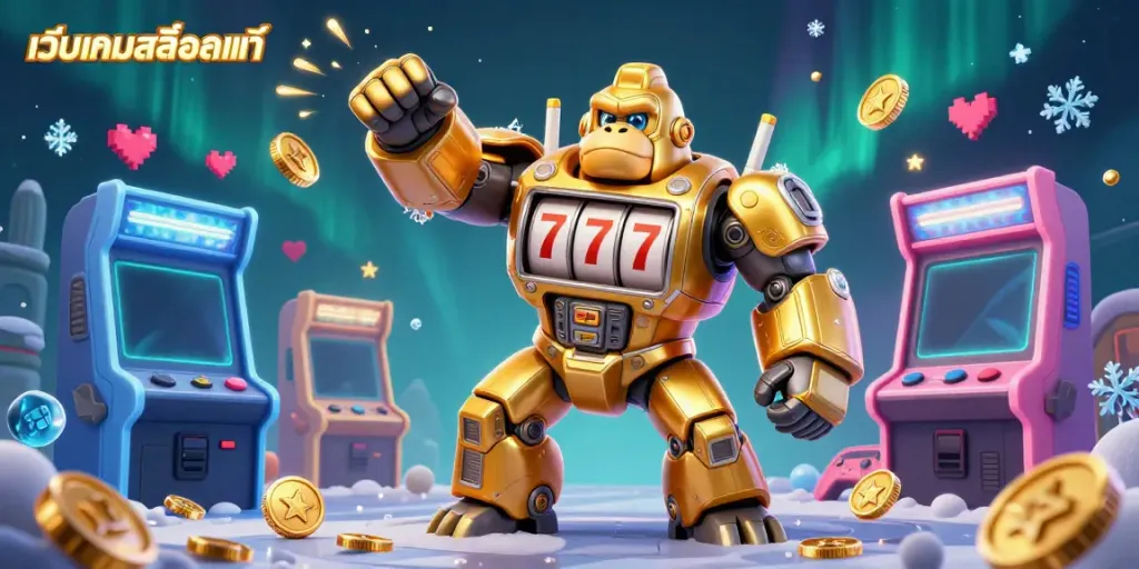 Experience เว็บเกมสล็อตแท้ with a 3D gorilla mech and dynamic gaming elements in this vibrant casino illustration.