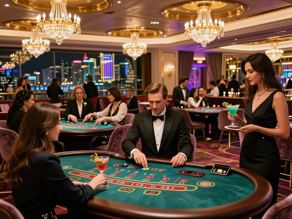 Casino Hong Kong vibrant nightlife scene with guests at tables enjoying games.