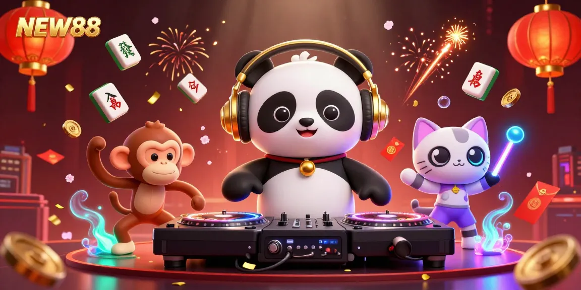 Experience the excitement of NEW88 with a vibrant casino scene featuring a DJ panda and fun characters.