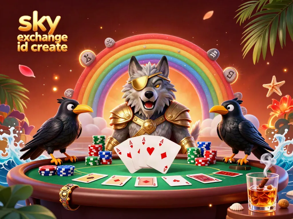 Engage with "sky exchange id create" through a vibrant 3D casino scene with mythological characters and poker elements.