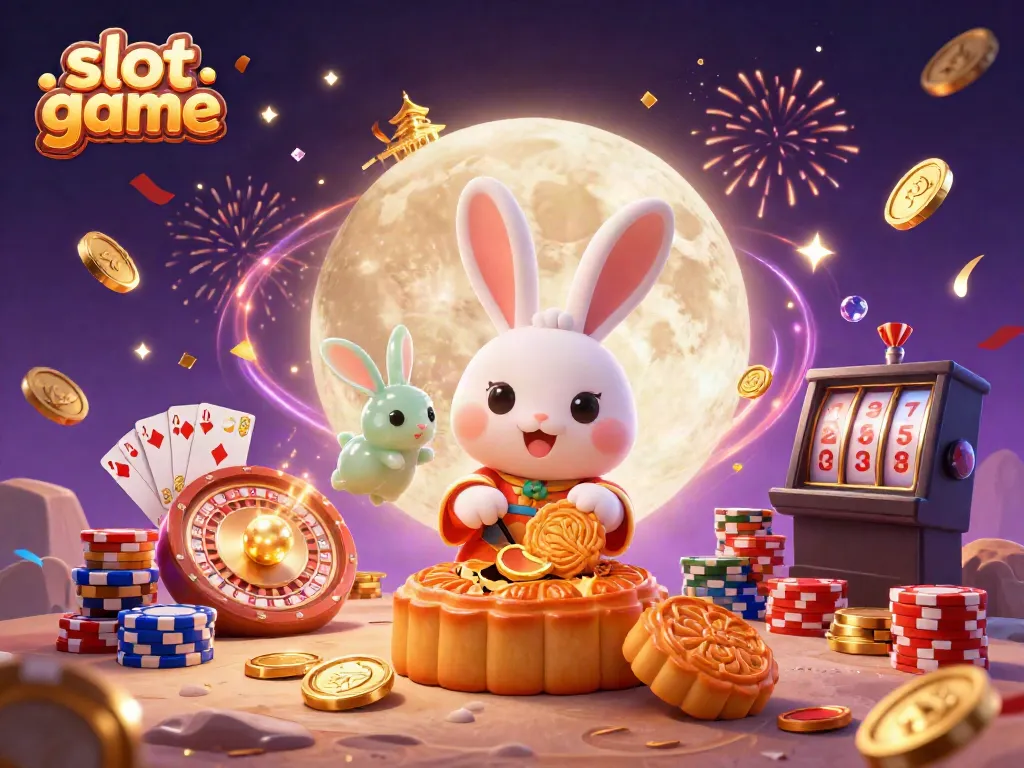 Experience slot game thrills with vibrant 3D elements of winning reels, coins, and festive characters.