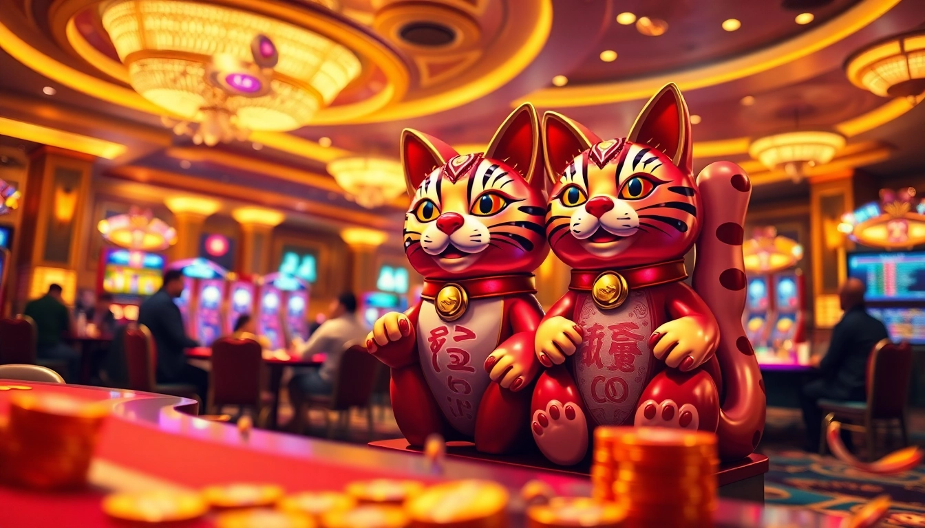 Experience the thrill of Lucky Neko PG Soft ฟีเจอร์ตัวคูณ with a vibrant casino scene.