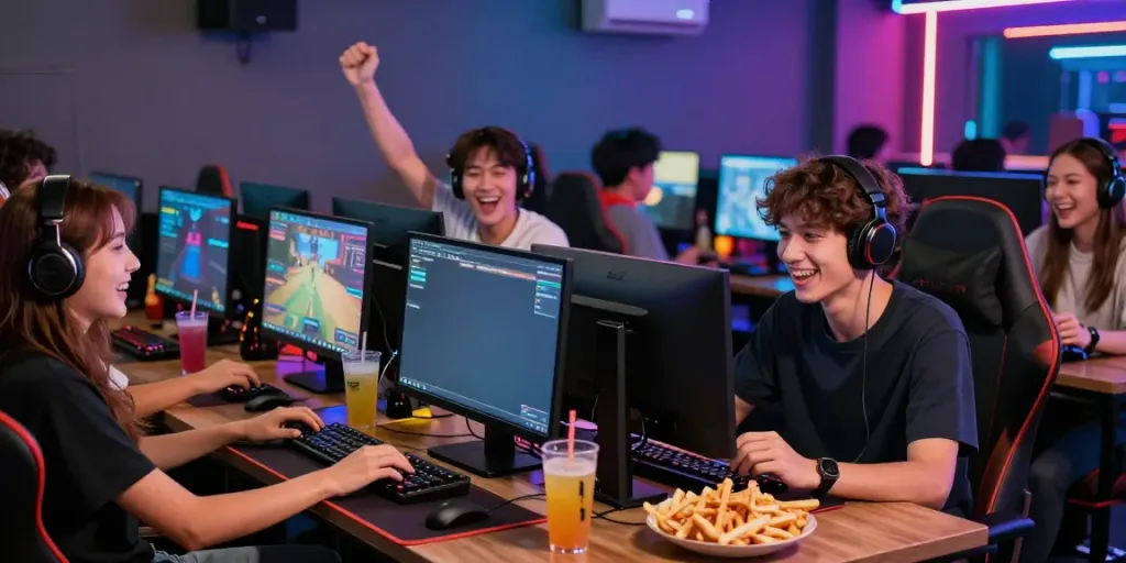 Akunjp social gaming scene with friends enjoying competitive fun in a lively digital lounge.