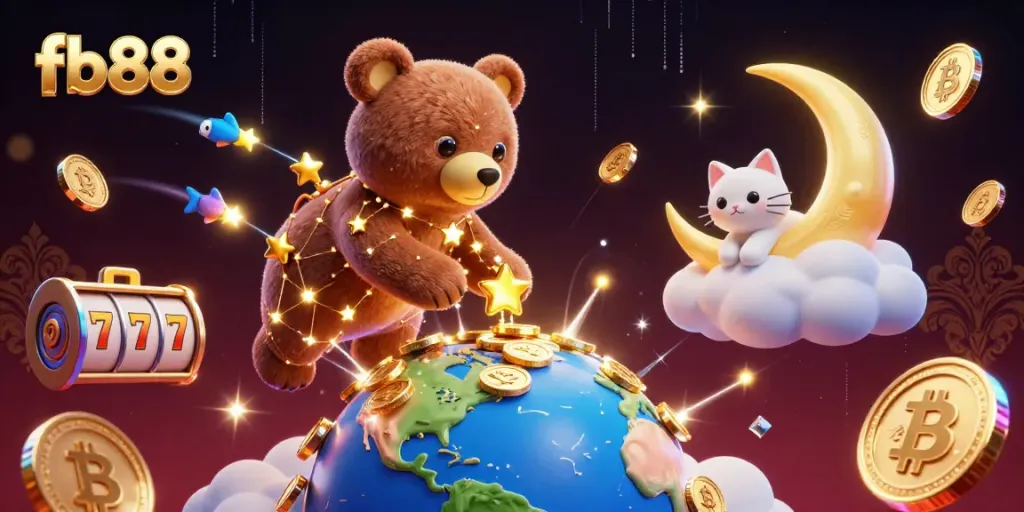 Join the excitement with fb88 as the constellation bear scoops coins amidst a vibrant casino scene.