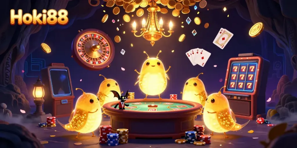 Gamer menyelami pengalaman di Hoki88 dengan suasana kasino penuh semangat dan kilauan kemenangan