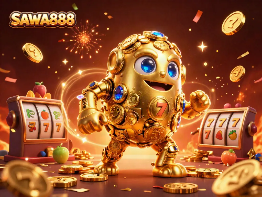 Join the excitement at SAWA888 with our dynamic casino golem illustration featuring vibrant slot symbols.