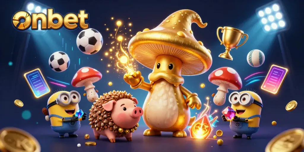 Experience thrilling gaming action on onbet with a dynamic 3D casino illustration showcasing vibrant characters and energetic ambiance.