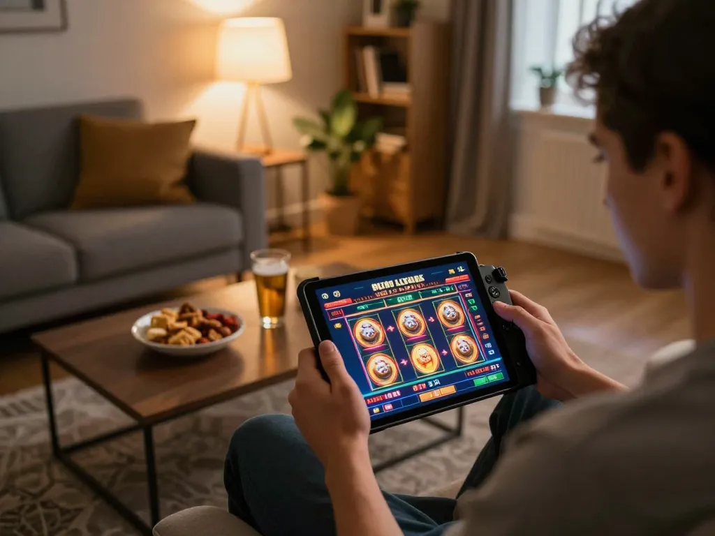 Player actively engaging with ATQ mobile casino app in a cozy home setting, focused on strategic gameplay.