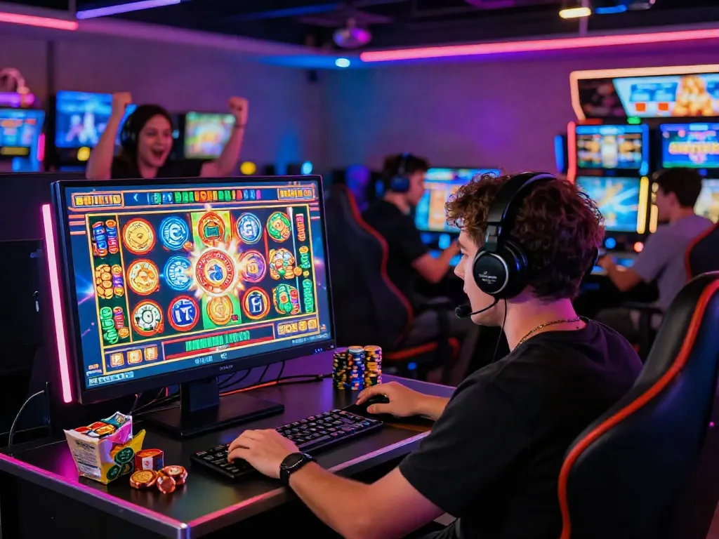 Engaging online casino environment with players enjoying slot jackpot games and colorful virtual graphics.