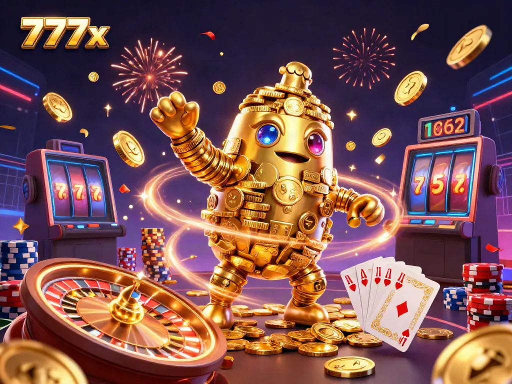 Experience the excitement of 777x with a golden golem and vibrant casino elements in 3D.