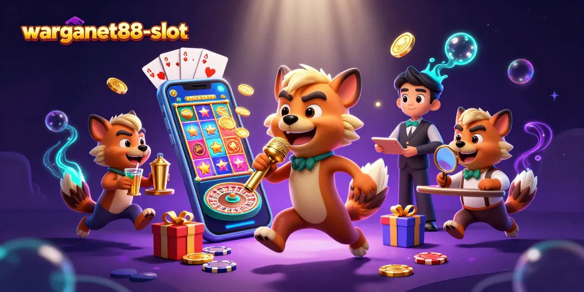 Engage with warganet88-slot at an exciting comedy casino, featuring playful hyenas and vibrant gaming elements.
