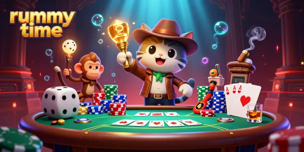 Experience thrilling rummy time gameplay with a vibrant scene showcasing a cat explorer and monkey, rich casino elements.
