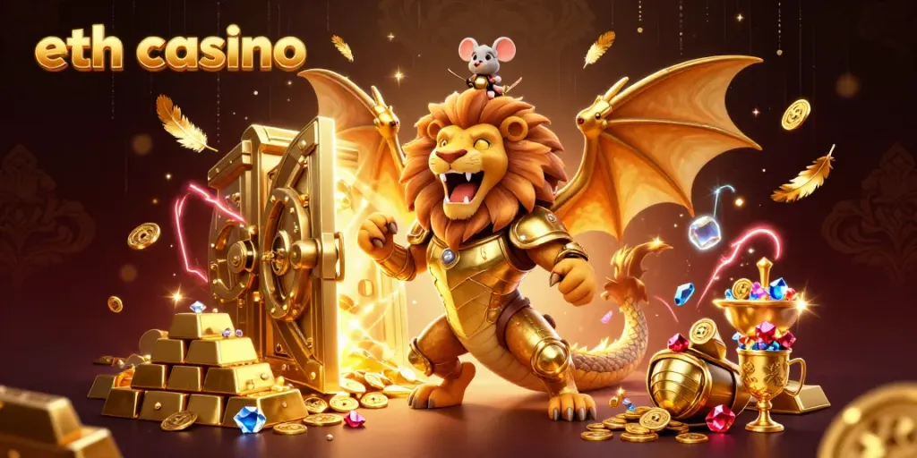 Experience the thrill of eth casino with a roaring chimera and dazzling treasures in a vibrant scene.