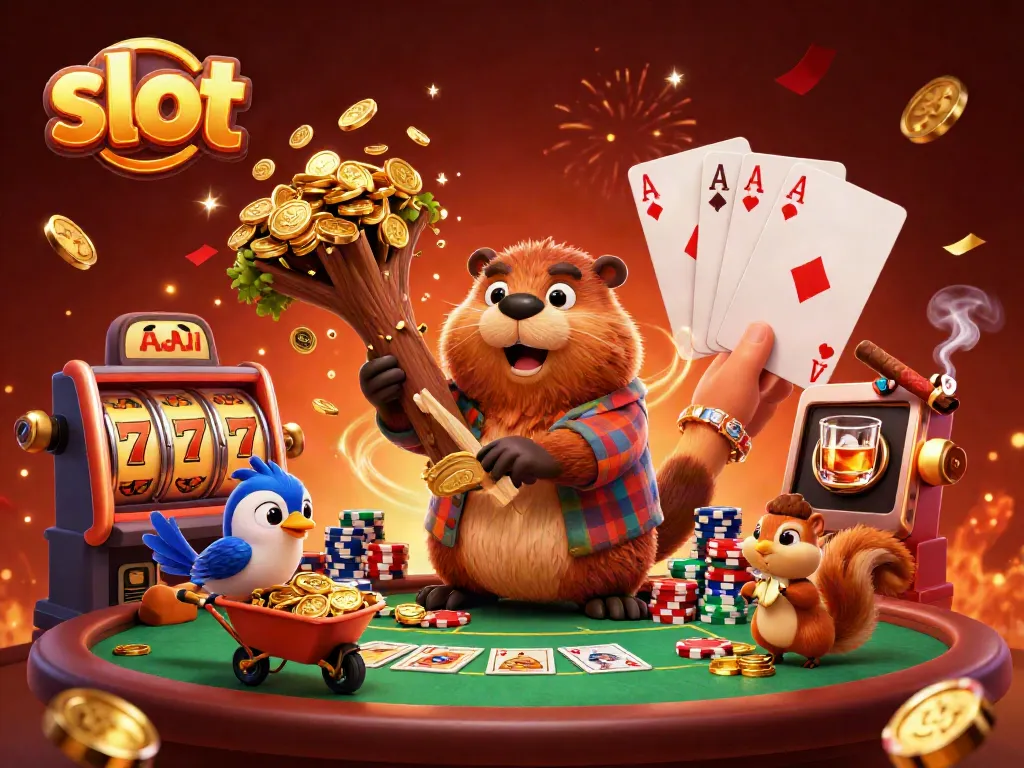 Slot permainan dengan karakter yang mengumpulkan koin emas di tengah perayaan kasino.