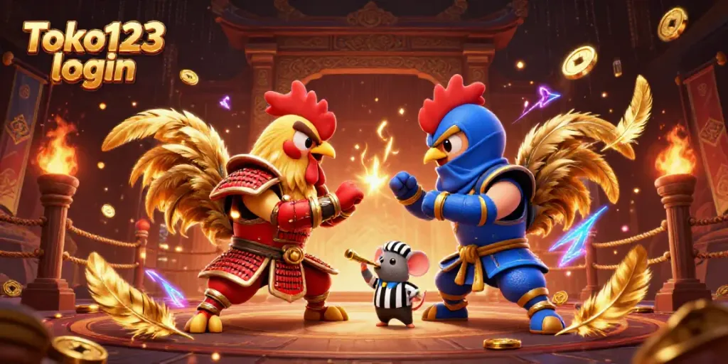 Toko123 login featuring cartoon fighting roosters in an action-packed casino setting.
