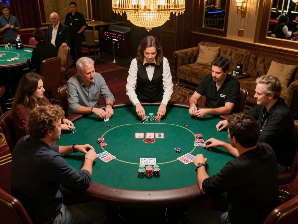 Engaged players strategizing at a pivotal poker game in a lively tylebongda casino environment.