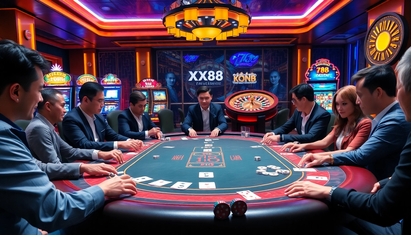 Experience the thrill of nhà cái X88 with an engaging poker scene featuring vibrant tables and chips.