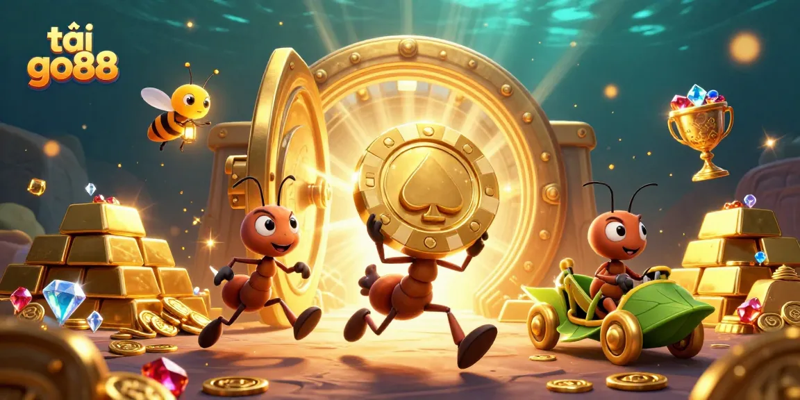 Tải go88 with a team of animated ants in a heist, showcasing golden chips and vibrant casino elements.