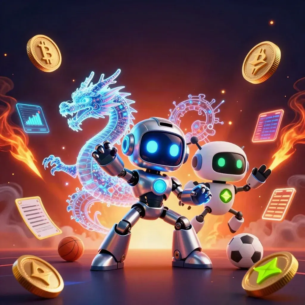 Robot mascot, AI dragon, and coin drone amid casino crypto effects and sports icons