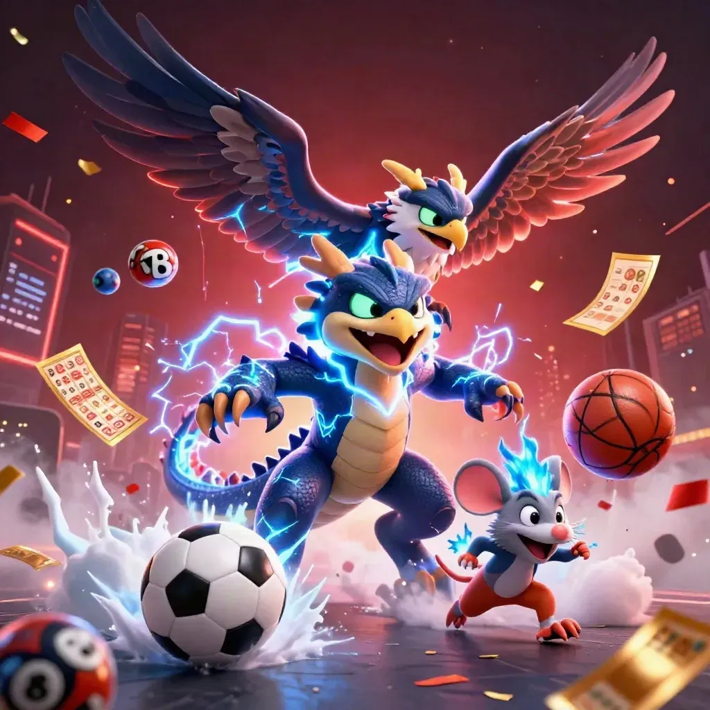 Thunder dragon, wind hawk, and static mouse burst amid sports balls, gold tickets, and neon casino glow.