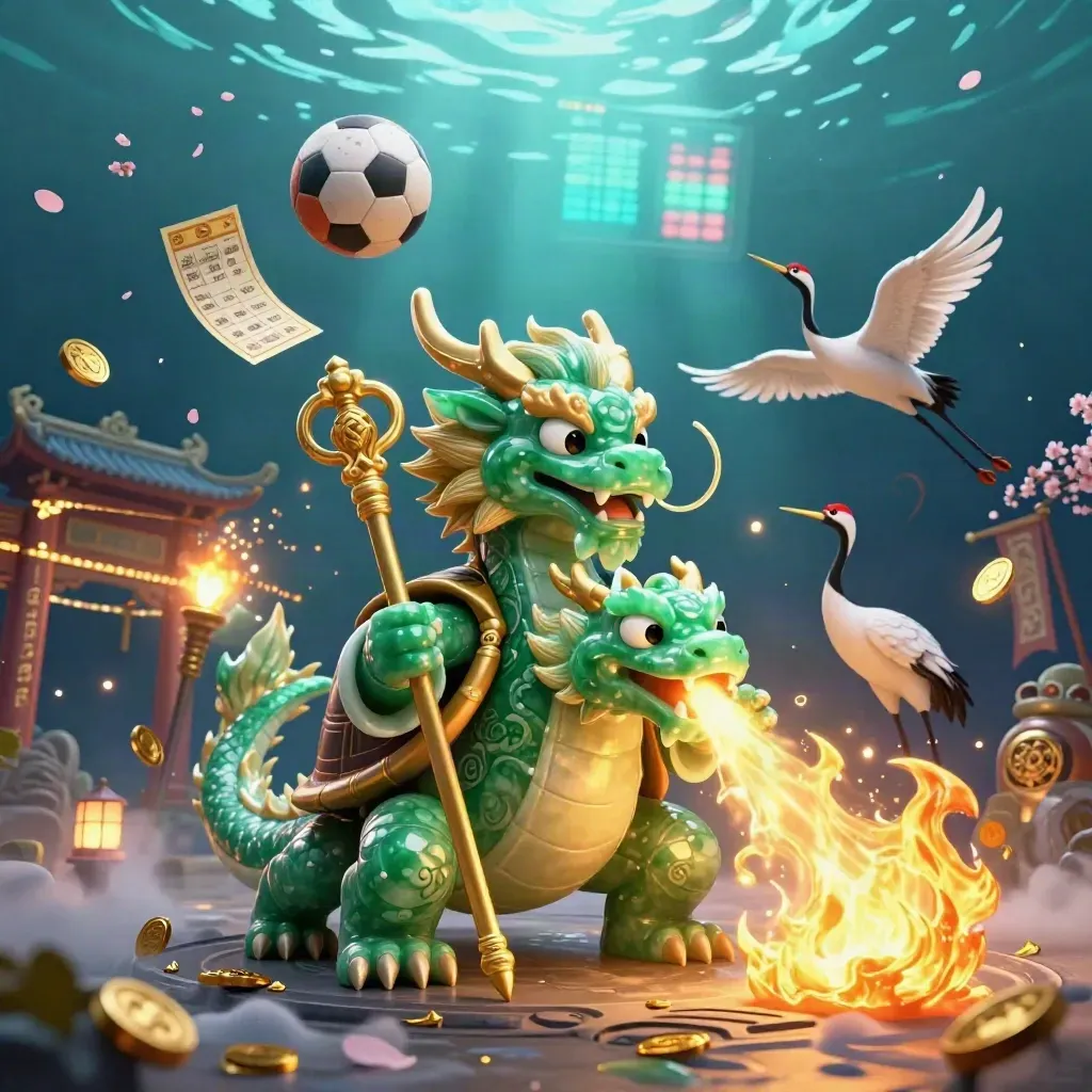 Jade dragon, turtle sage, and cranes amid gold fire, coins, and an underwater temple glow.