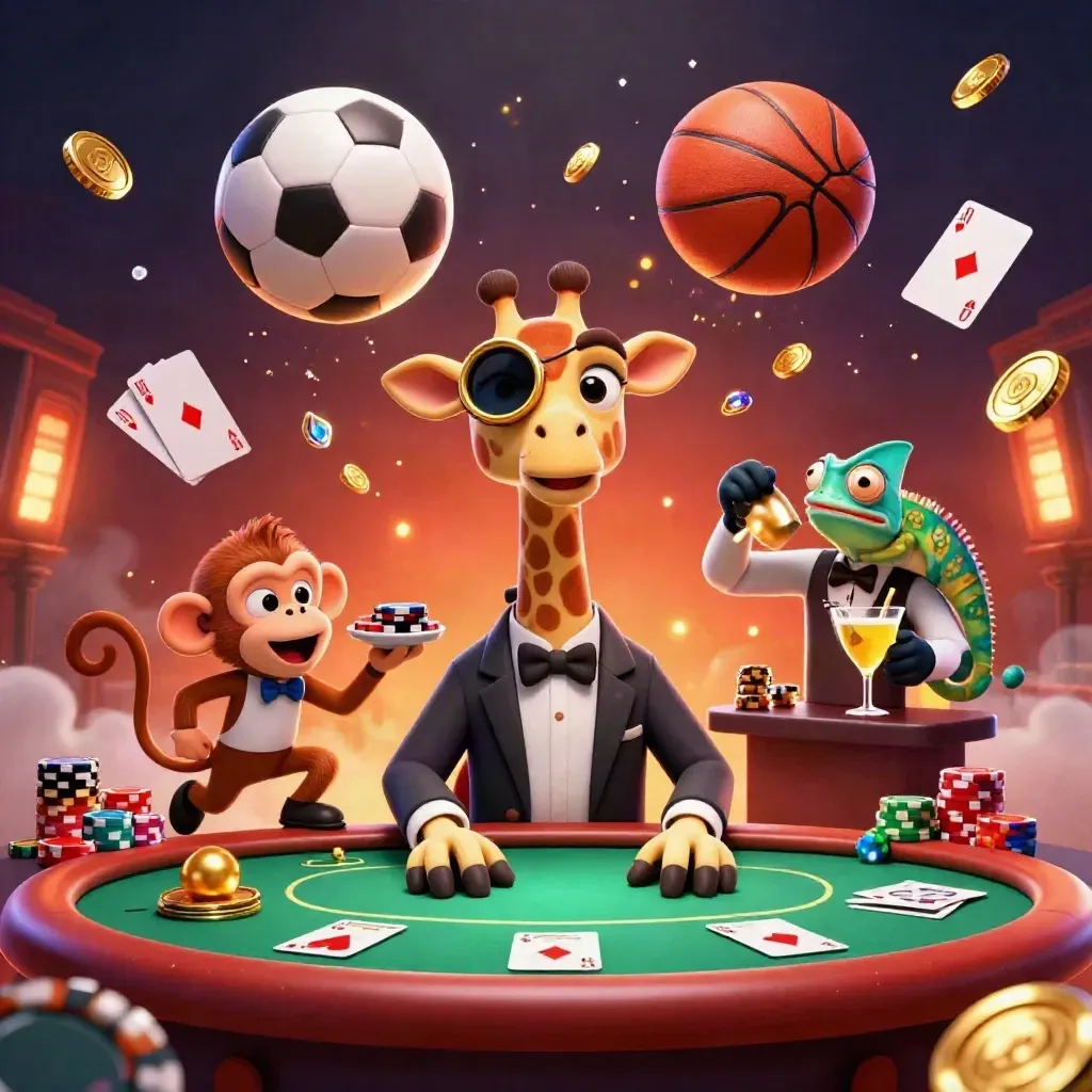 Low-angle casino sports splash with giraffe, monkey, chameleon, flying chips and balls