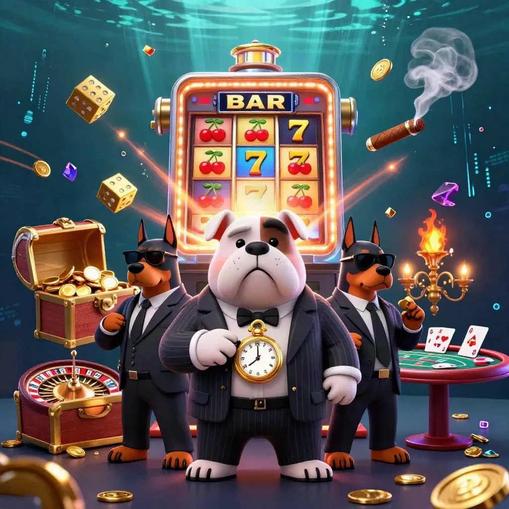 Bulldog boss and Dobermans amid casino bursts, gold, dice, slots, and neon energy.