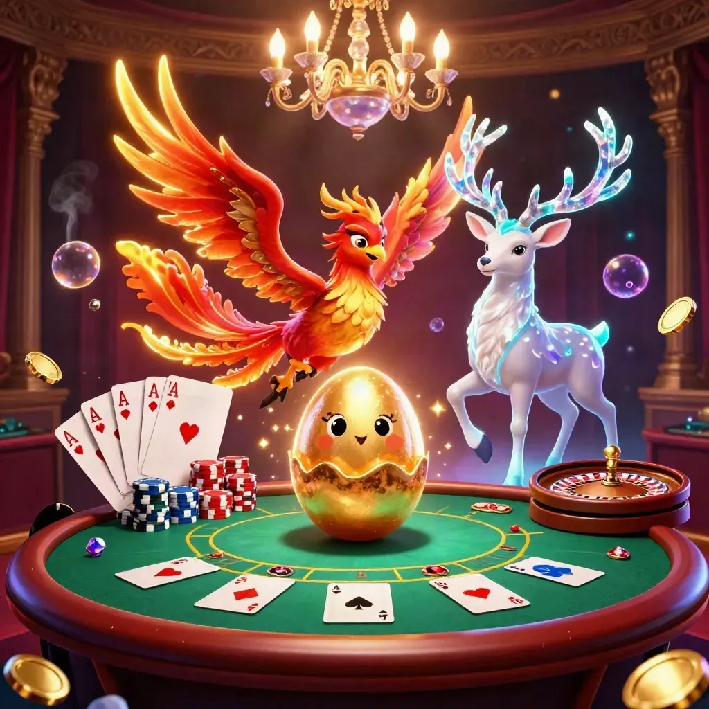 Phoenix trio over a neon casino table with cards, chips, roulette, and glowing luxury light.