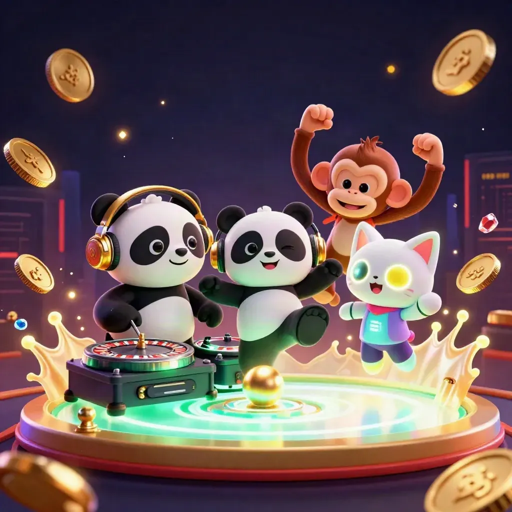 DJ panda, breakdancing monkey, and glow-stick kitten in a luxe casino light show.