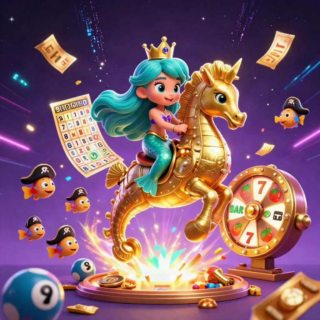 Mermaid princess on a golden seahorse amid casino bursts, neon green magic, fish pirates