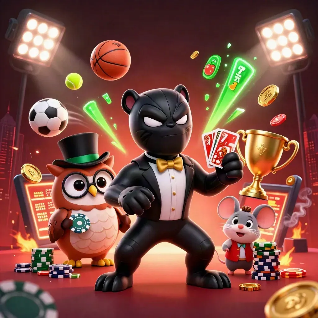 Panther, owl, and mouse amid flying balls, coins, trophy, and neon casino energy.