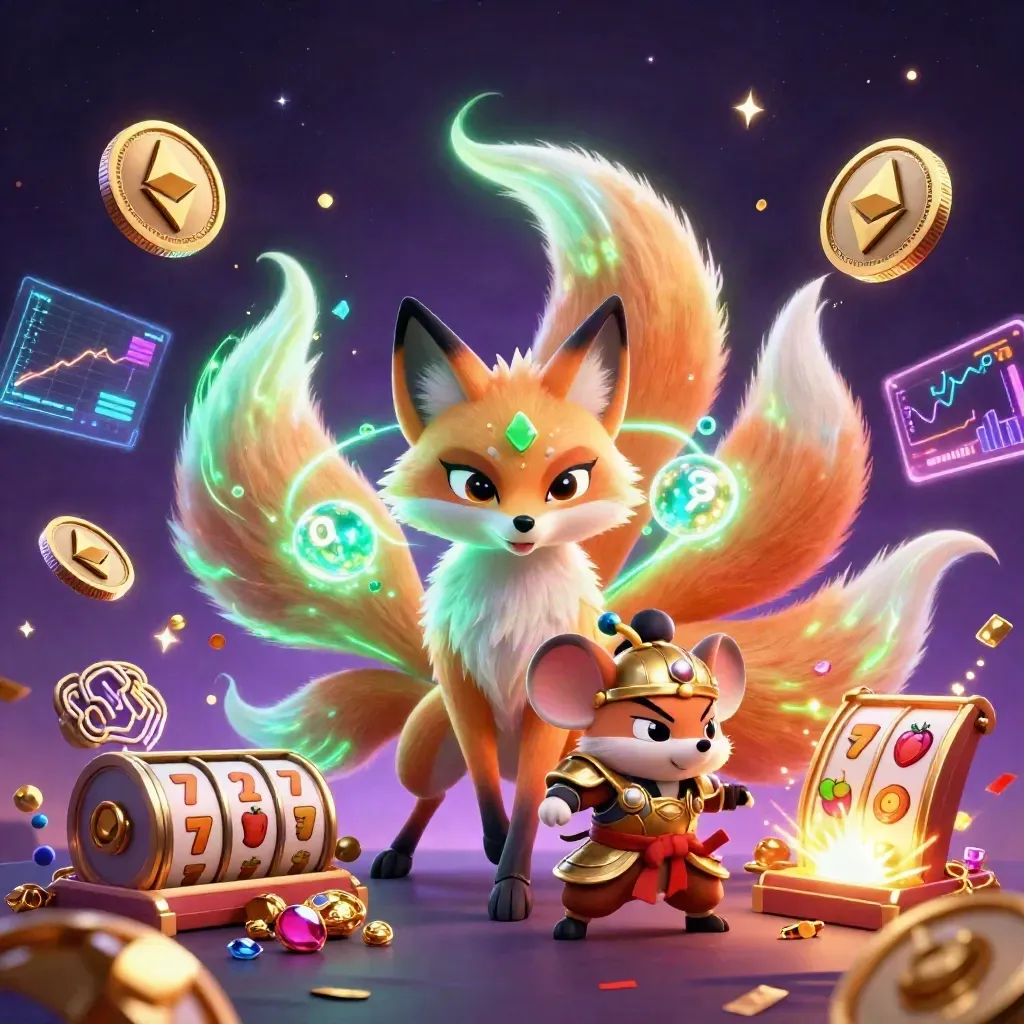 Nine-tailed fox spirit and armored mouse amid coins, lightning, gems, and casino effects.