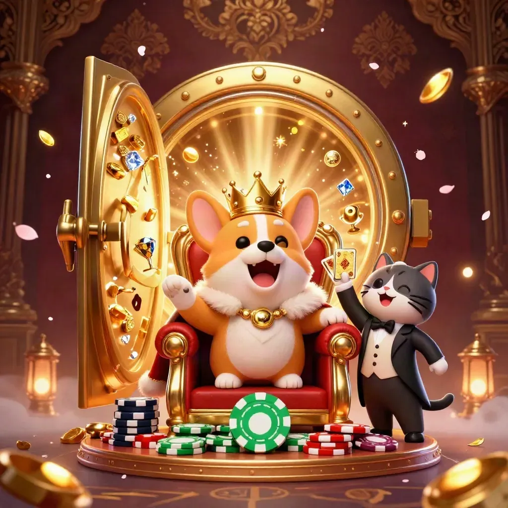 Royal corgi and cat butler burst from a treasure vault amid gold, gems, petals, and neon glow