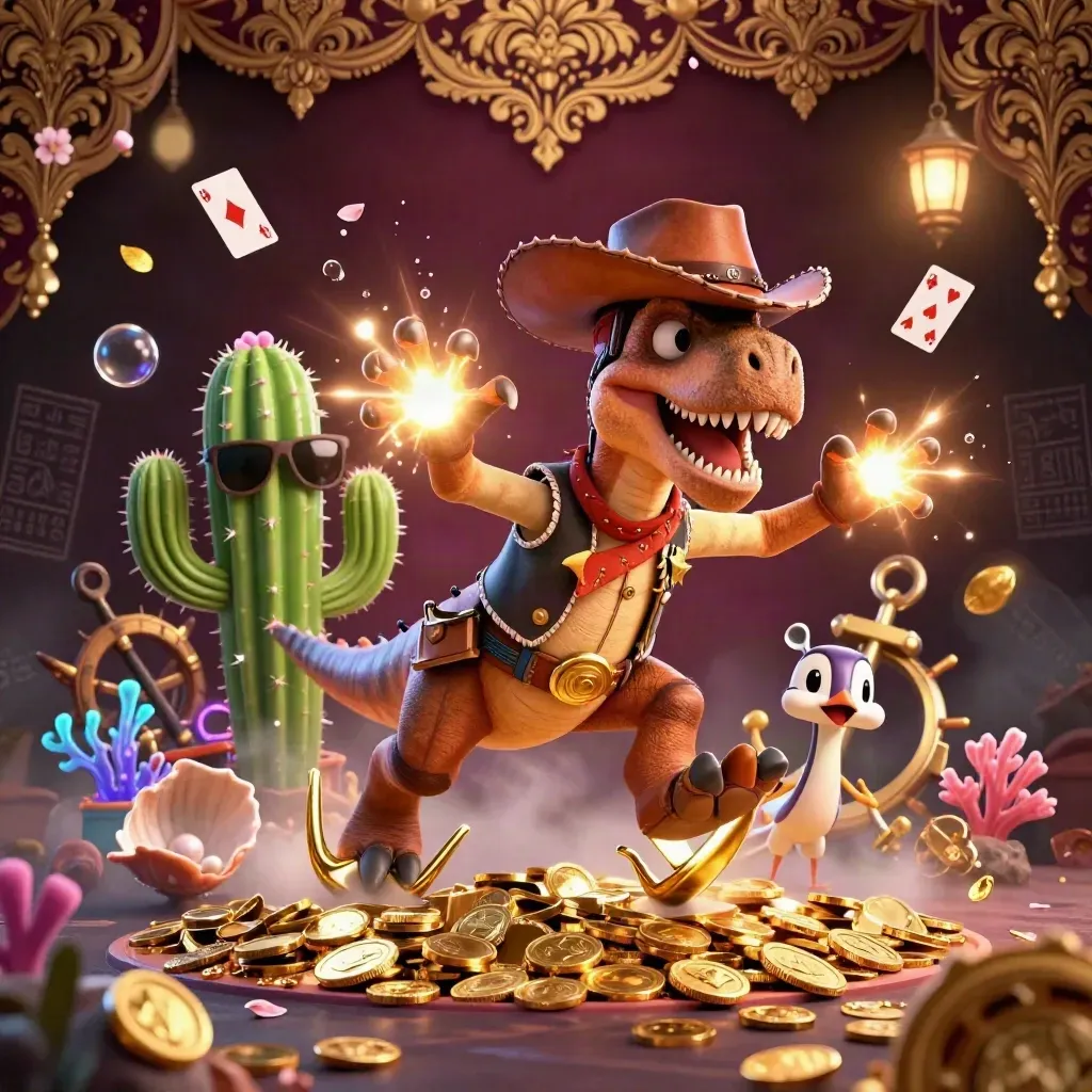 Cowboy T-Rex, cactus sidekick, and roadrunner burst from a neon treasure cove.