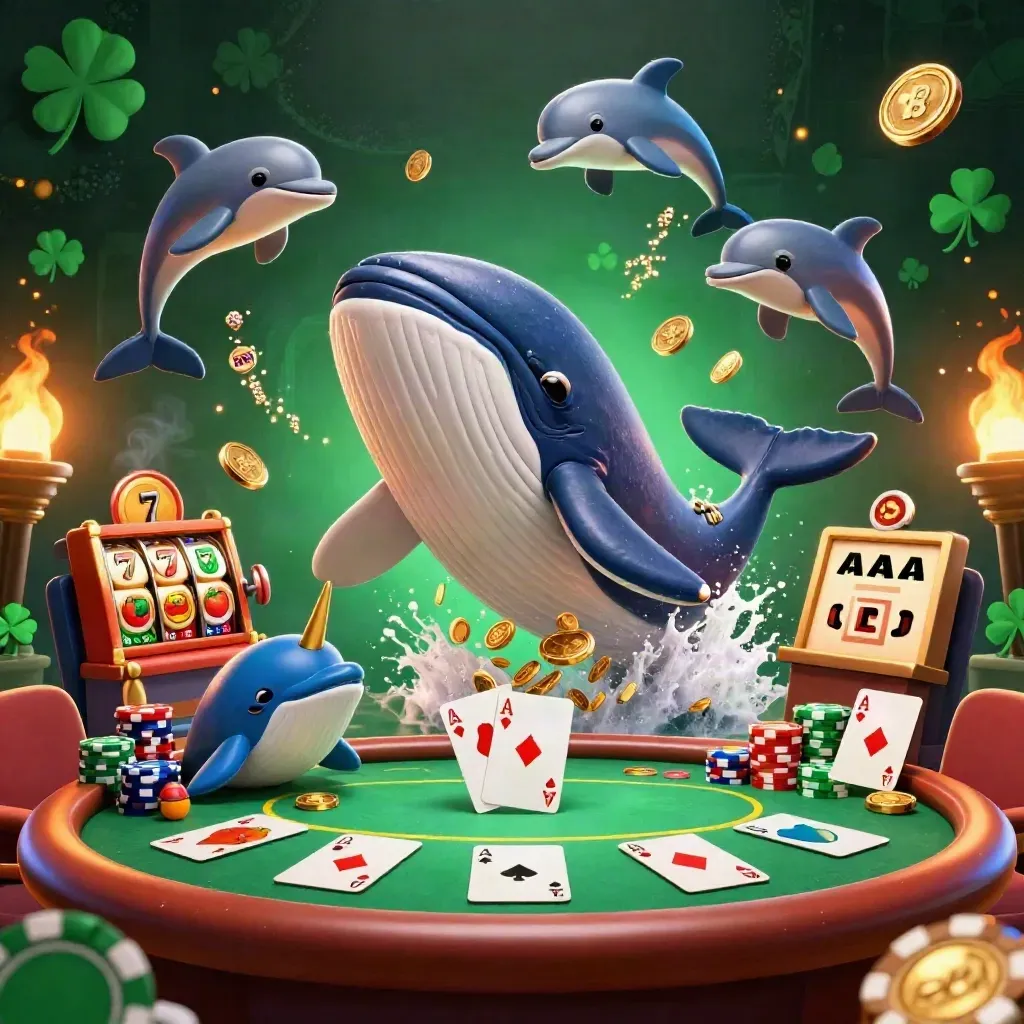 Cartoon whale captain, narwhal and dolphins burst through casino coins and poker gear.