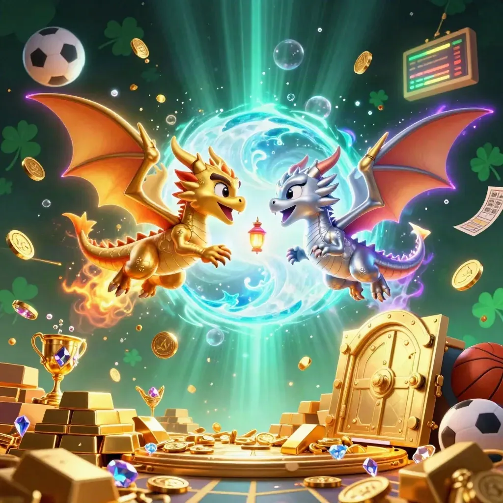 Gold and silver dragons spiral around a blazing vault with coins, gems, and casino props