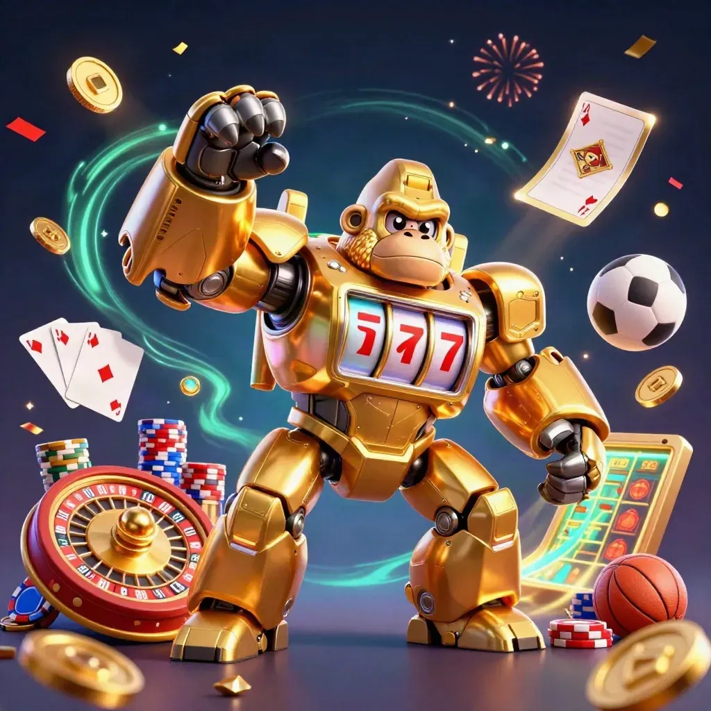Golden gorilla mech with monkey pilot, coins, roulette, cards, chips, fireworks, neon casino glow.