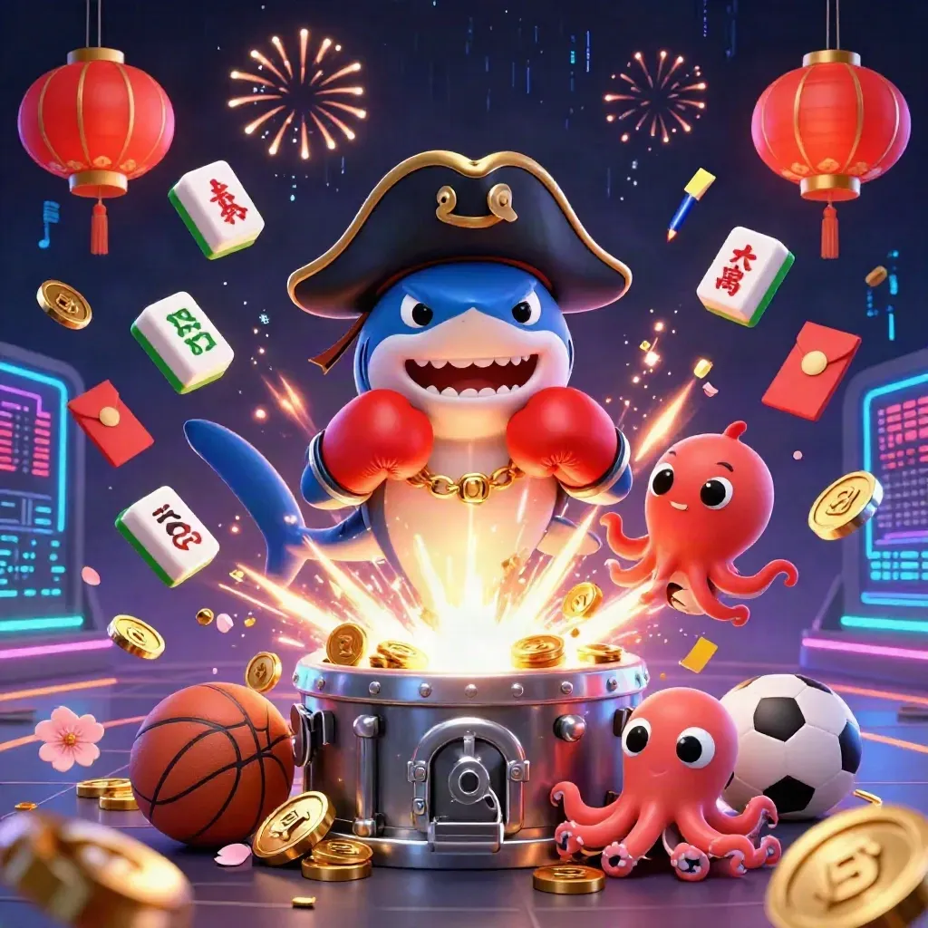 Pirate shark, red pufferfish boxer, and baby octopus amid casino loot, coins, fireworks, and neon glow.