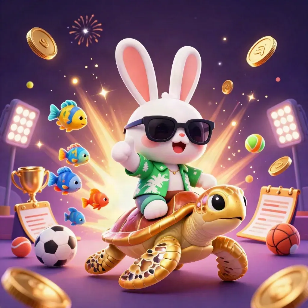 Rabbit riding a gem-shell turtle amid coins, fireworks, sports balls, and casino glow