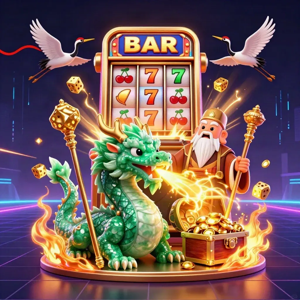 Jade dragon, turtle sage, and cranes erupt with slot machine, gold, and neon casino effects.