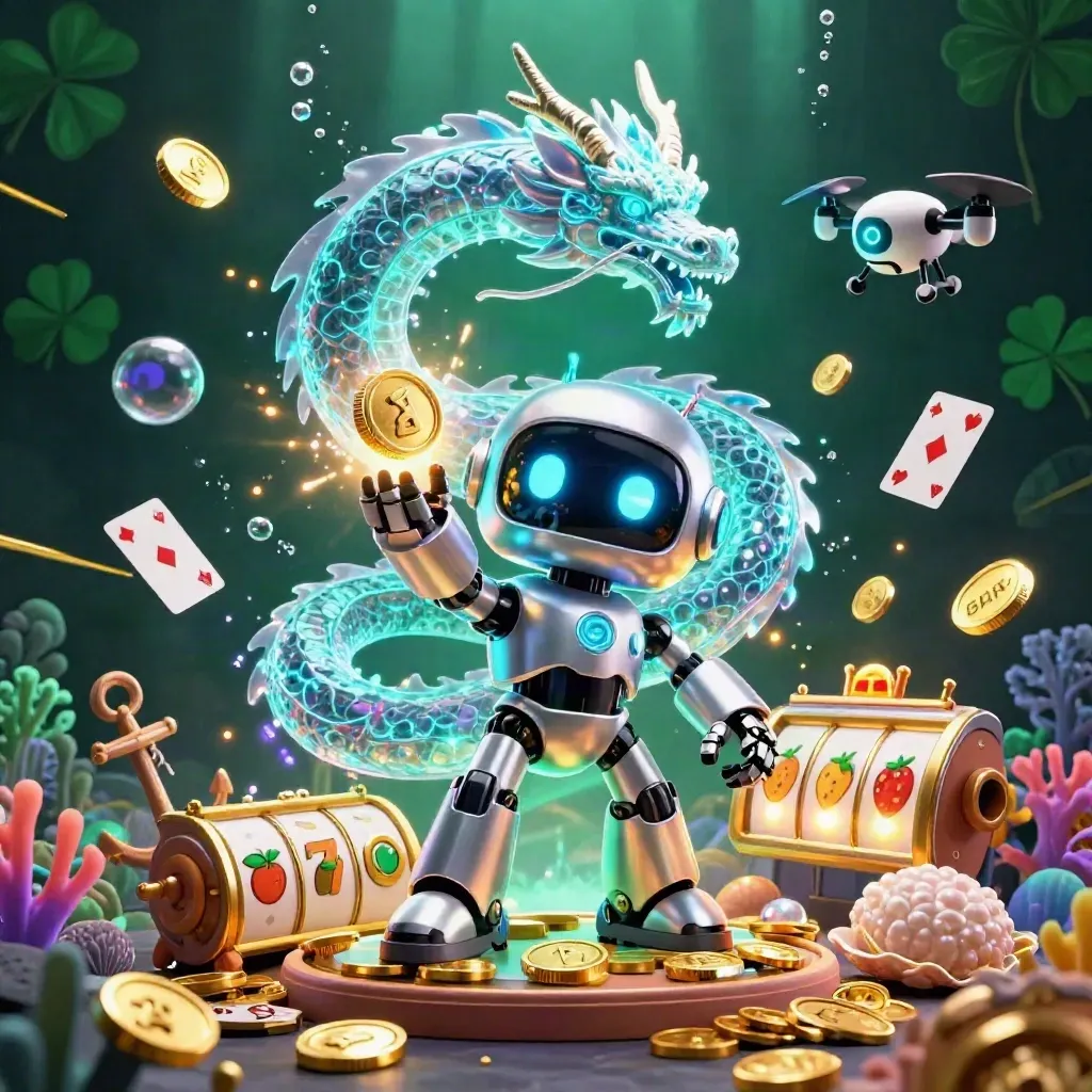 Cyberpunk robot, holographic dragon and coin drone in a glowing underwater treasure cove.
