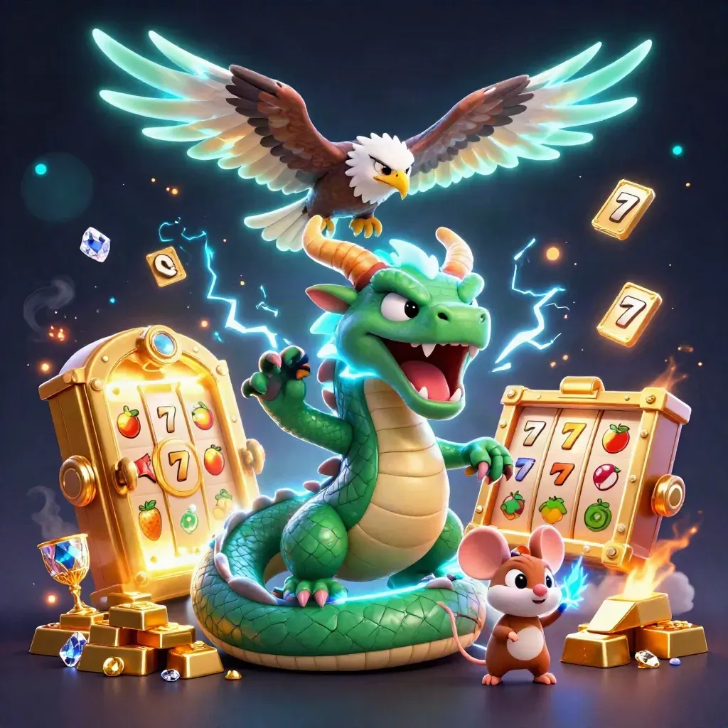 Thunder dragon, hawk and static mouse with vault treasure, slots and glowing casino light.