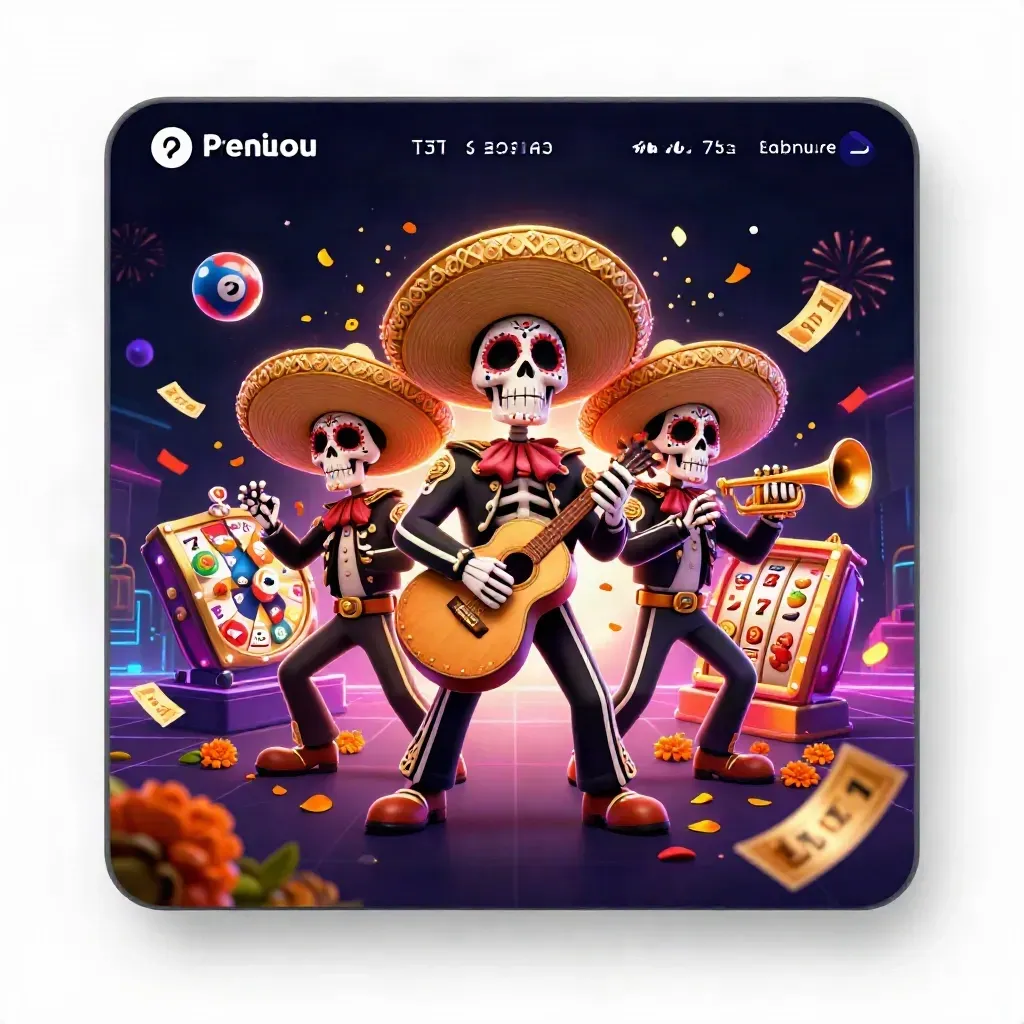 Skeleton mariachi trio with neon casino chaos, lottery balls, reels, prize wheel and confetti