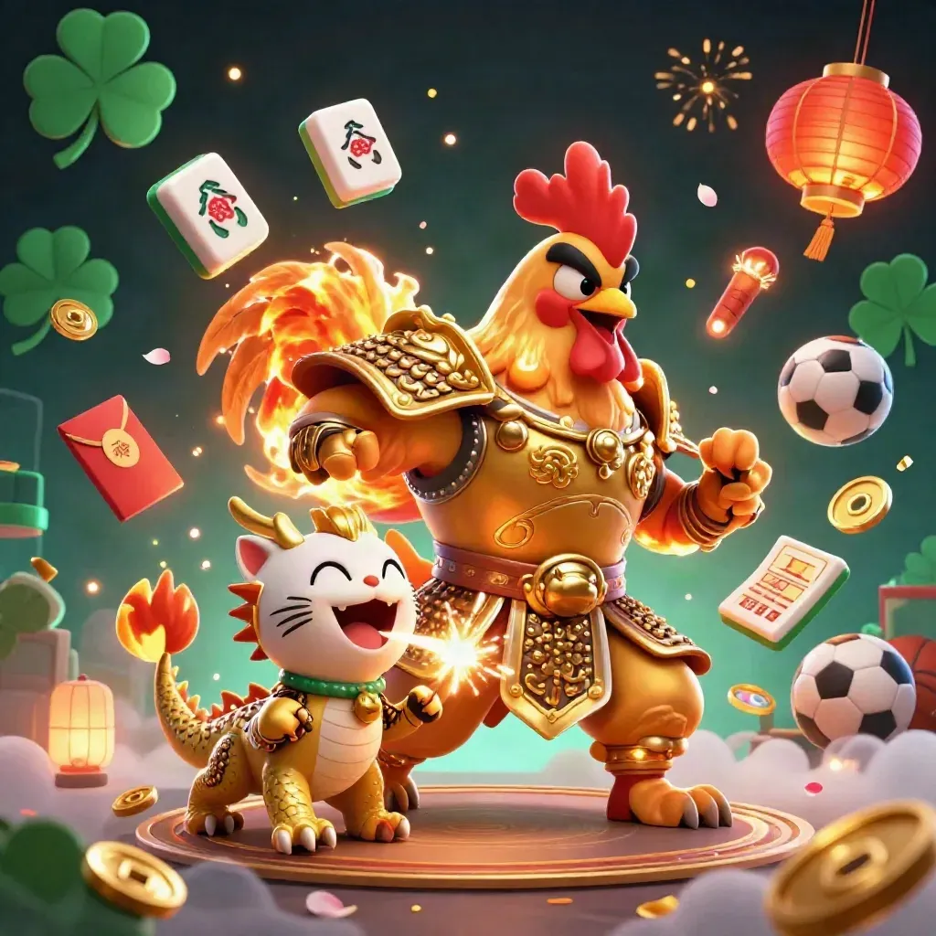 Rooster samurai, spark-breathing dragon hatchling, fortune cat amid casino charms and glowing odds cues