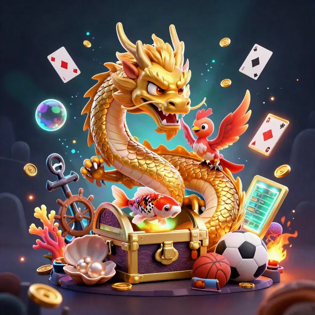 Golden dragon, phoenix and koi amid coins, coral, sports props and neon casino glow.