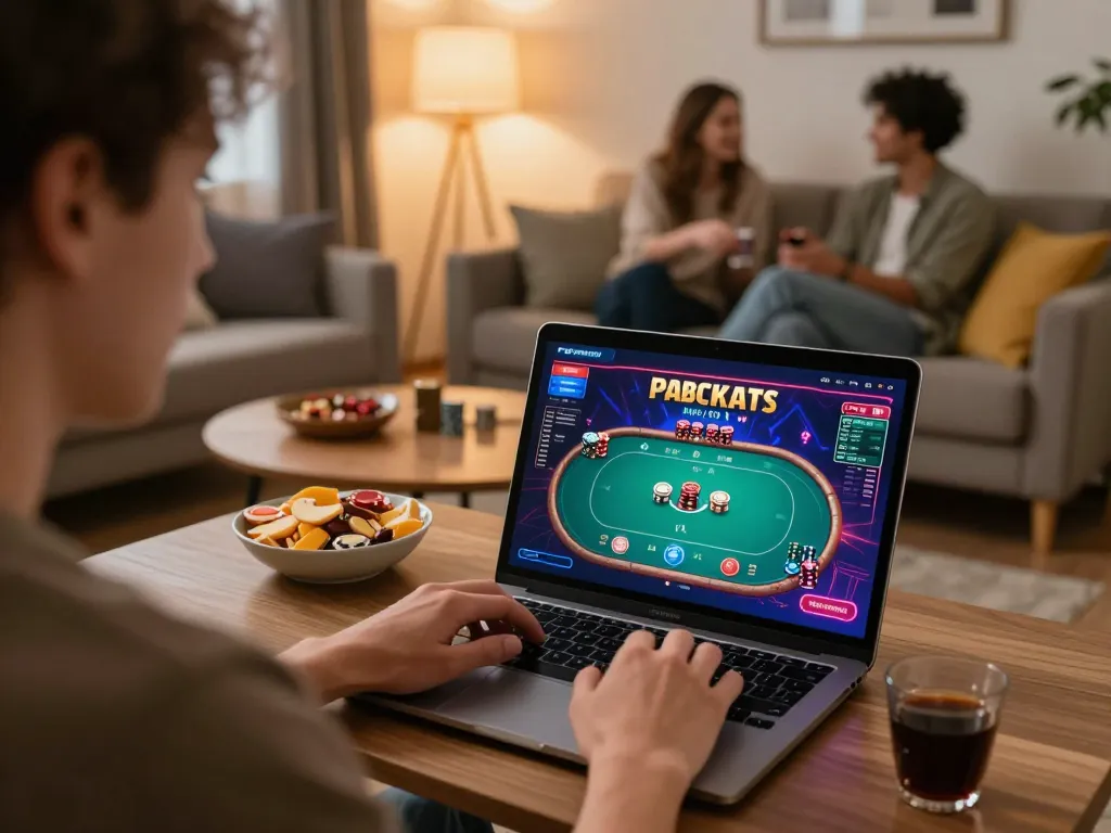 Person engaging in online poker game with m124 details visible, cozy home setting, friendly atmosphere